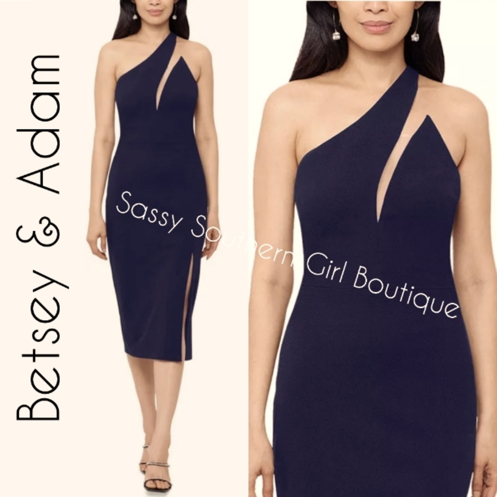 🆕⭐Betsy and Adam navy blue one shoulder cocktail dress